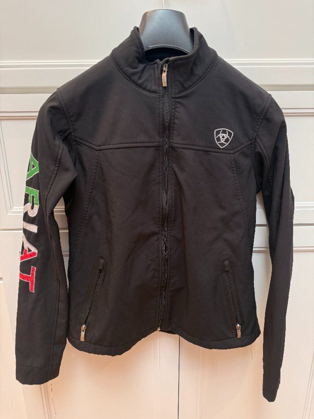 Ariat Women's Small (S) Black Fleece Zip-Up Jacket W/ Mexican Flag on Back